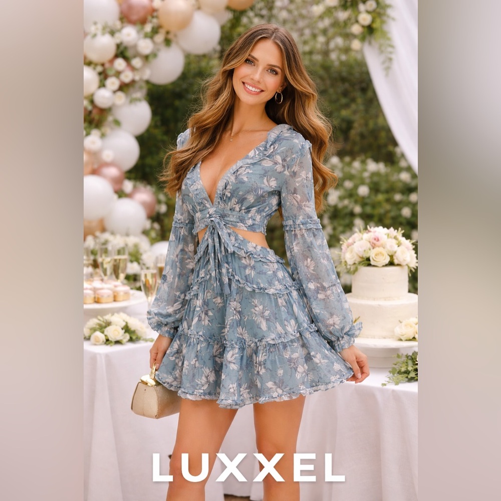 Luxxel Blue Floral Chiffon Two-Piece Illusion Dress Lace-Up Back,Ruffle Size L - Picture 2 of 11